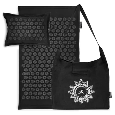 Image of ProsourceFit Ki Acupressure Mat and Pillow Set with 100% Natural Linen for Back/Neck Pain Relief Muscle Relaxation, Black Pearl