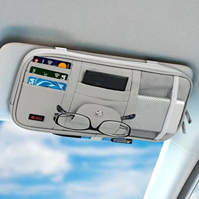 Image of Vinsani Car Sun Visor Auto Truck Interior Pouch Pocket Accessories Organiser PU Leather Anti Slip Holder Multi Storage For Sunglasses Registrations Cards Cables Grey