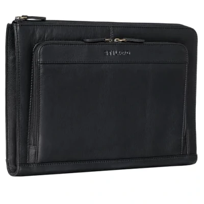 Image of STILORD &#039;Dillon&#039; A4 Leather Conference Folder Organiser 13.3 Inch Men&#039;s Women&#039;s Diary Portfolio Briefcase Document Holder Genuine Leather, Black, L,