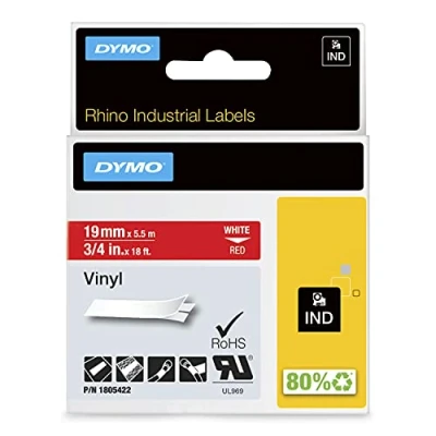 Image of DYMO Rhino Industrial Vinyl Labels 19 mm x 5.5 m White Print on Red Self Adhesive for &amp; LabelManager Label Makers
