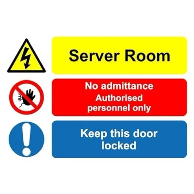 Image of Server room no admittance authorised personnel only keep this door locked safety sign Self adhesive sticker (200mm x 150mm)