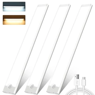 Image of under Cabinet Kitchen Lights,3 Pack 72 LEDs 3 Modes Motion Sensor Cupboard lights,2000mAh USB Rechargeable Stepless Dimming Wardrobe Light,2 Color Temps Closet Light for Stairs