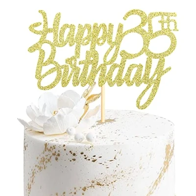 Image of Sumerk Gold Glitter Happy 35th Birthday Cake Topper for Anniversary Party Decorations Pack of 1