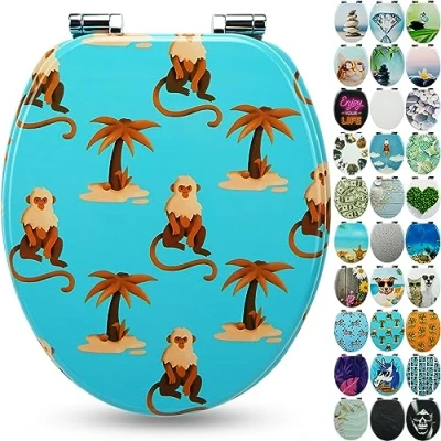 Image of SANFINO® Premium Toilet Seat with Soft Close Wooden Lid, lots of colourful and decorative designs, high seating comfort, easy to install including instructions Monkey Island