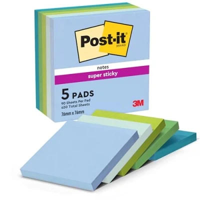 Image of Post it Super Sticky Notes Oasis Color Collection, Pack of 5 Pads, 90 Sheets per Pad, 76 mm x mm, Blue, Green Extra For Note Taking, To Do Lists &amp; Reminders
