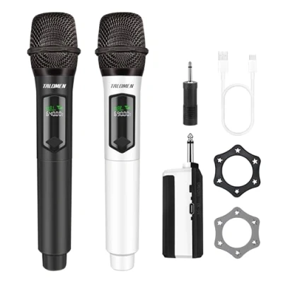 Image of talomen 2.4GHz Professional Wireless Microphone,Dual Cordless Handheld Dynamic Microphones,Karaoke Mic System with Rechargeable Receiver,160ft,for Singing Karaoke,wedding,DJ,party,K60 2 black white