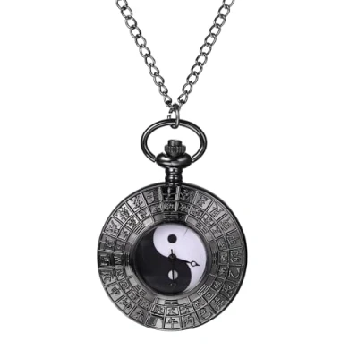 Image of JewelryWe Vintage Taichi Pocket Watch: Yin Yang Round Analog Quartz Bronze Watch Retro Pendant Necklace with Chain Roman Numerals Dial