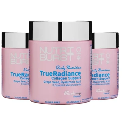 Image of Nutriburst TrueRadiance Collagen Support Multipack for Healthy Hair, Skin &amp; Nails Biotin (100µg), Hyaluronic Acid (50mg), Vitamin A (400µg) + C (80mg) 3 x 60 Gummies / Month Supply