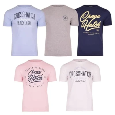 Image of Crosshatch Mens 5 Pack T Shirts Assorted Variety Multipack Logo Tees Designer Branded Crew Neck Short Sleeve Summer Holiday Cotton Tops S