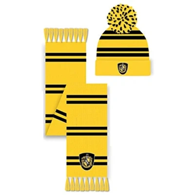 Image of Harry Potter Hufflepuff Hat &amp; Scarf Set Winter Accessory, Yellow, One Size