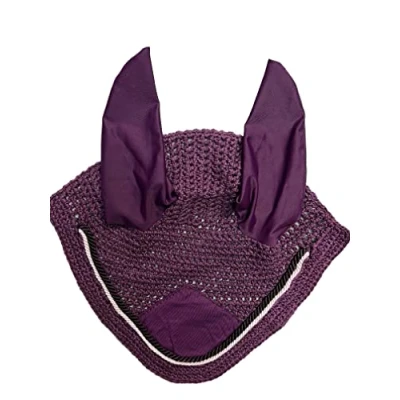 Image of Spire Horse Soft Crochet fly Veil Breathable Cotton Ear Net Hood Control Masks Protector Bonnets (Pony, Purple/Black white)
