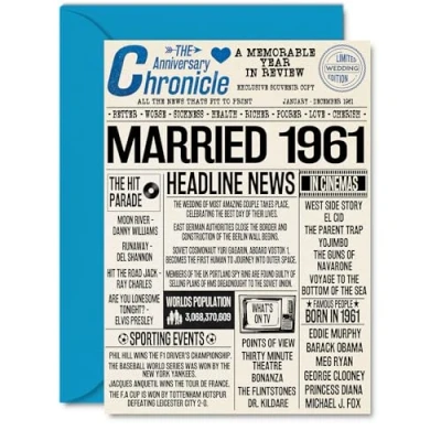 Image of 63rd Anniversary Cards for Men Women Married 1961 Newspaper Happy 63 Wedding Card Husband Wife Grandma Grandad Nan Vintage Retro 1961, A5 Greeting