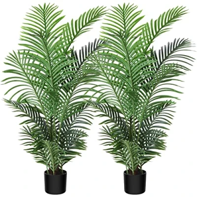 Image of Fopamtri Artificial Plants Indoor Faux Areca Palm 120 cm in Plastic Pot Large Fake Tropical with Foliage for Home House Office Decoration (2 Pack)