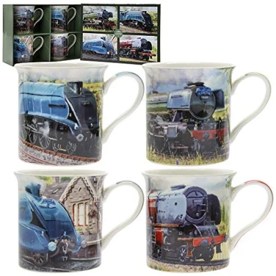 Image of Lesser &amp; Pavey Classic Trains Mugs Set of 4 Ceramic Coffee for Home or Work Premium Design All Occasions Lovely Tea, Hot Drinks