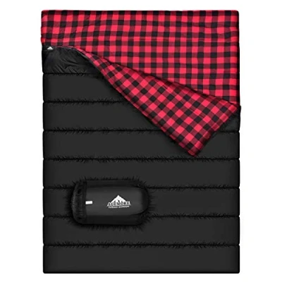 Image of AGEMORE Cotton Flannel Double Sleeping Bag for Camping, Hiking or Backpacking. Queen Size 2 Person Waterproof Adults Teens. Lightweight Truck Tent (Black/Red)