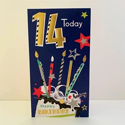 Image of Jonny Javelin Boy Happy 14th Birthday Card Age 14 Cake