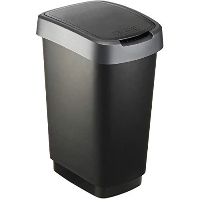Image of Rotho Twist Waste Bin with Lid, Plastic (PP), 25 Litres, Black/Silver, (33.3 x 25.2 47.6 cm), One Size