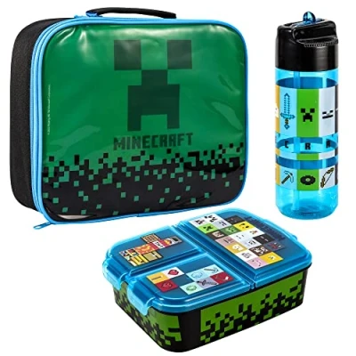 Image of Zawadi Global Minecraft Kids Childrens Lunch Box Set Insulated Bag, Multicompartment &amp; 540ml Water Bottle School Travel Food Set, BPA Free