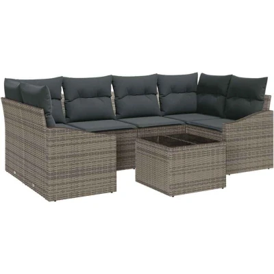 Image of vidaXL 7 Piece Garden Sofa Set with Cushions Grey Poly Rattan