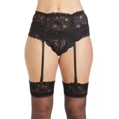 Image of Silky Wide Lace Suspender Belt 4 Ribbon Strap (Large, Black)
