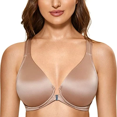 Image of Delimira Women&#039;s Front Fastening Bras Plunge Plus Size Underwired Racer Back Unlined T Shirt Bra Pearl Champagne 44B