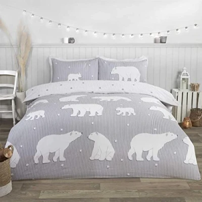 Image of Rapport Home Polar Bear 100% Brushed Cotton Single Duvet Cover Set Reversible Bedding Grey