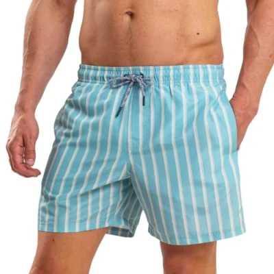 Image of RIPT Men&#039;s Performance Essentials Quick Dry UV 50 Sun Protection Swim Shorts Trunks, Light Blue Striped, S