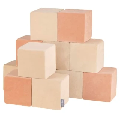 Image of KiddyMoon Soft Foam Velvet Cubes Building Blocks 14Cm For Children Montessori Toy Babies, 12 Pieces, Cubes: Sand Beige Desert Pink