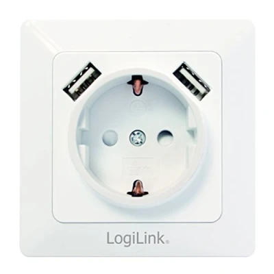 Image of LogiLink PA0162 Protective Contact Socket with 2 x USB for Charging Smartphones, Mobile Phones, eBooks, Tablets, etc., Flush Mounted Box (DE 80 mm) Child Protection