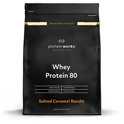 Image of Protein Works Whey 80 Powder Low Calorie Shake 14 Servings Salted Caramel Bandit 500g