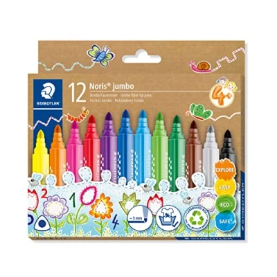 Image of Staedtler Noris Jumbo Thick Fibre Tip Pens, Ergonomic Shaft, for Children from 4 Years, 12 Felt Pens in Assorted Colours Environmentally Friendly Cardboard Packaging, 328 B C1