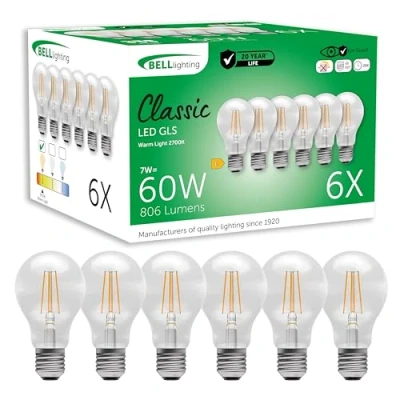 Image of Bell Lighting E27 Edison Screw Cap Filament Light Bulb LED GLS 6 Pack Warm White 2700K 810 Lumen 7 Watts Energy Saving 60W Halogen Lamp Equivalent Non Dimmable