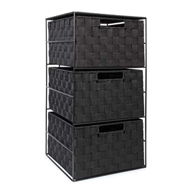 Image of EHC Woven 3 Drawer Storage Unit Cabinet For Bathroom, Bedroom Black