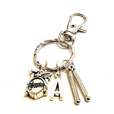 Image of Drum Key Ring, Personalized Kit, Keyring, Initial Keychain, Music Drummer &amp; Drumsticks Gift Bag