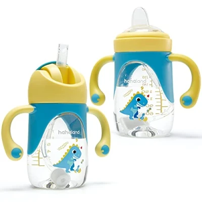 Image of hahaland 2 in 1 Baby Cups &amp; Sippy Cup with Straw and a Spout 240ML, Toddler Drinks Water Bottles Trainer Handles for Babies 6 12 Months Unicorn (One Nipples) (Dino Cups)