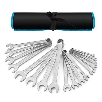 Image of DURATECH 17 Piece Combination Spanner Set, Open End Wrench Matte Chrome Plated, Vanadium Steel, DIN 3113, Metric, 6 22mm, 12 Point, with Storage Pouch