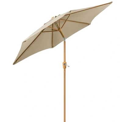 Image of CHRISTOW 2.4m Tilting Garden Parasol with Crank Handle, 38mm Steel Pole, Wood Effect Finish, Outdoor Sunshade Umbrella, Heavy Duty Polyester, UV30+ Sun Protection, Water Resistant, Air Vent (Taupe)