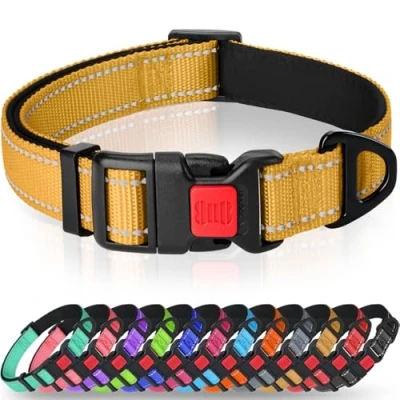 Image of Taglory Reflective Nylon Dog Collar with Safety Buckle, Adjustable Pet Collars Soft Neoprene Padding for Small Dogs, Tan