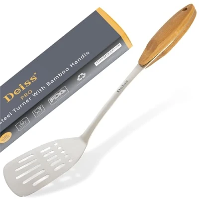 Image of Deiss PRO Metal Spatula with Wooden Handle — Slotted Turner for BBQ Perfect Grilling, Scraping, Turning Meat, Mixing Scrambled Eggs, Flipping Burgers Comfortable Bamboo