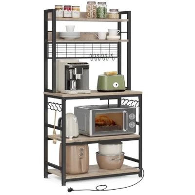 Image of VASAGLE Kitchen Storage Rack with Power Outlet, Coffee Bar, Baker&#039;s Rack, Metal Wire Panel, 14 Hooks, for Microwave, Steel Frame, 40 x 80 170 cm, Greige and Ink Black KKS025K02