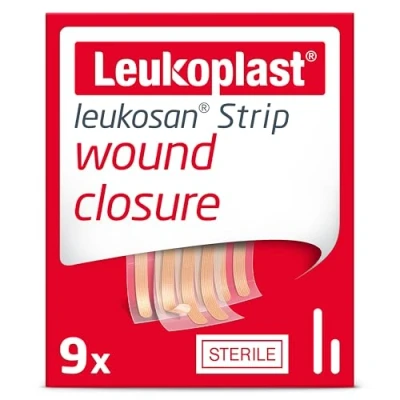Image of Leukoplast Leukosan Strip Sterile Wound Closure Strips with Rounded Edges Flexible and Breathable, First aid Plasters for Superficial Cuts Incisions Tan 2 Assorted Sizes Box of 9