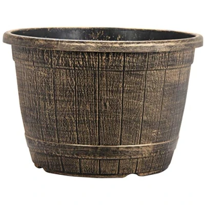 Image of Muddy Hands Bronze Wooden Barrel Effect Plant Pot Round Plastic Planter Outdoor Garden Flower Tree Herb (1, 25.8 Litre)