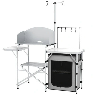 Image of Outsunny Camping Kitchen with Storage Cupboard, Folding Table, Aluminium Portable Picnic Table Windshield, Light Stand, Carrying Bag for BBQ, Silver