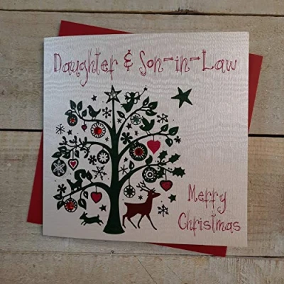Image of White Cotton Cards Daughter &amp; Son in Law Merry Handmade Christmas Card (Festive Tree) Code fp40
