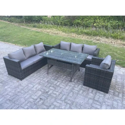 Image of Outdoor Lounge Sofa Garden Furniture Set Rattan Rectangular Dining Table Patio Chair 7 Seater Dark Grey Mixed Fimous
