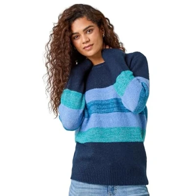 Image of Roman Originals Jumper for Women UK Ladies Winter Autumn Casual Pull On Round Crew Neck Long Sleeve Comfy Work Dinner Party Everyday Colourful Longline Stylish Blue Size 14