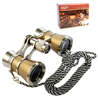 Image of HQRP 3 x 25 Opera Glass/Theatre Glasses Binocular with Crystal Clear Optic (CCO) Golden Silver Trim w/Necklace Chain w/Central Focus