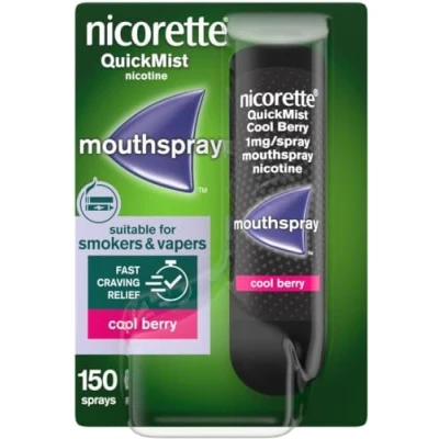 Image of Nicorette QuickMist Cool Berry Mouthspray Smoking or Vaping Cessation Aid, designed to start reducing cravings in 30 seconds (Quit Quit Aid)