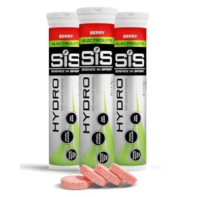 Image of Science In Sport Hydro Hydration Tablets, Gluten Free, Zero Sugar, Berry Flavour Plus Electrolytes, 20 Effervescent Tablets per Bottle (3 Bottles)