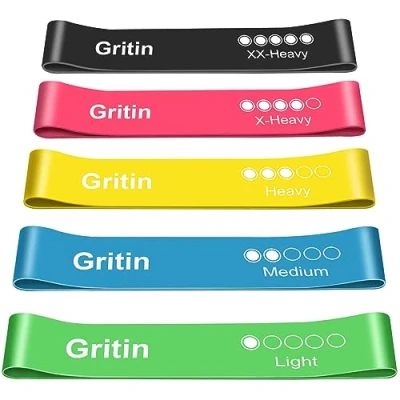 Image of Resistance Bands, [Set of 5] Gritin Skin Friendly Fitness Exercise Loop Bands with Free Carrying Case 5 Different Levels for Yoga, Pilates, Physiotherapy